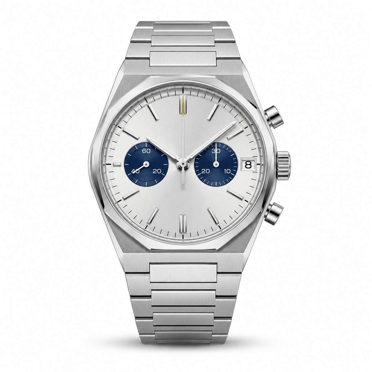 Chronographe en acier inoxydable avec détails bleus